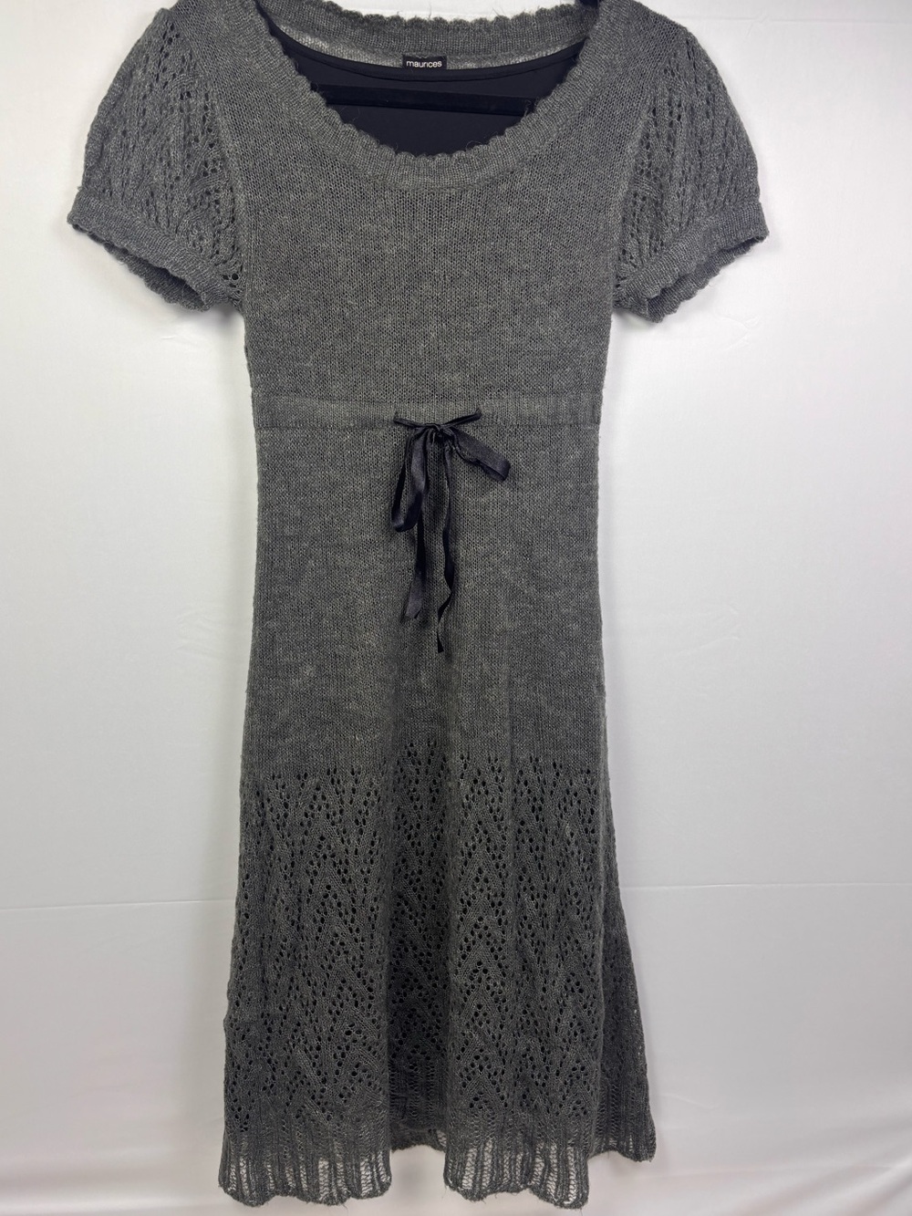 Maurices Charcoal Gray Knit Lace-Trim Midi Dress with Waist Tie